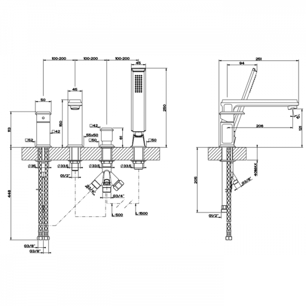 Gessi Eleganza Смеситель для ванны на 4 отверстия, с переключателем, изливом и ручным душем, цвет: золото