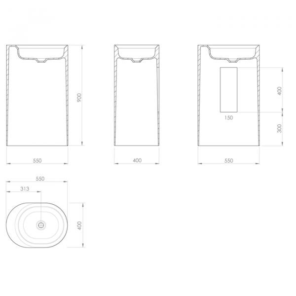 KNIEF Glow Раковина 55х40х90 см, без отв., без перелива, выход в пол, цвет: белый матовый