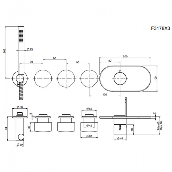 Carlo Frattini So Смеситель для душа встроенный, термостатический, 3 запорных вентиля, с душевым комплектом, цвет: хром