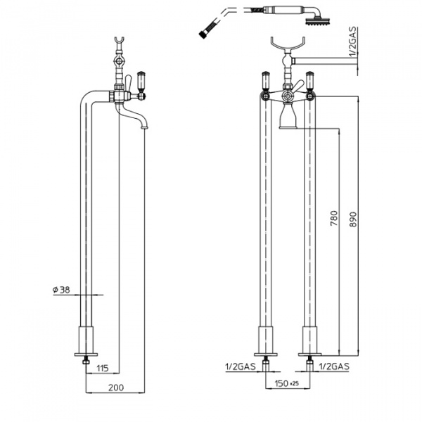 Bossini Liberty Смеситель для ванны, напольный, высота 89см, цвет: античная бронза