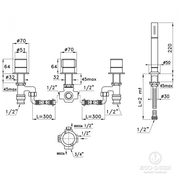 Stella Bamboo Смеситель на борт ванны на 4 отверстия 3256TR2/308, без излива, цвет: хром