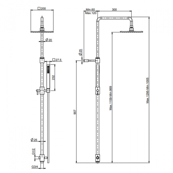 Carlo Frattini Wellness Душевая стойка с переключателем, верхним душем 250х250 мм. из латуни, ручным душем и шлангом 1500 мм., цвет: хром