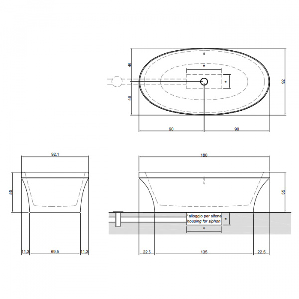 Antonio Lupi Epoque Ванна отдельностоящая 180х92х55см, из натурального камня