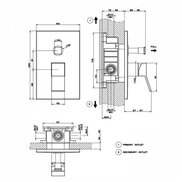 Gessi Rettangolo K Встраиваемый однорычажный смеситель для душа с переключателем, внешняя часть, цвет: хром