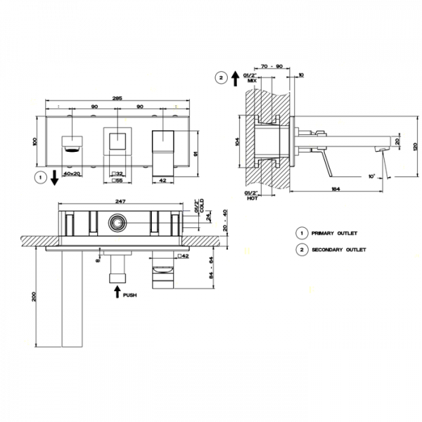 Gessi Rettangolo K Встраиваемый смеситель с изливом и переключателем PUSH, внешняя часть, цвет: хром