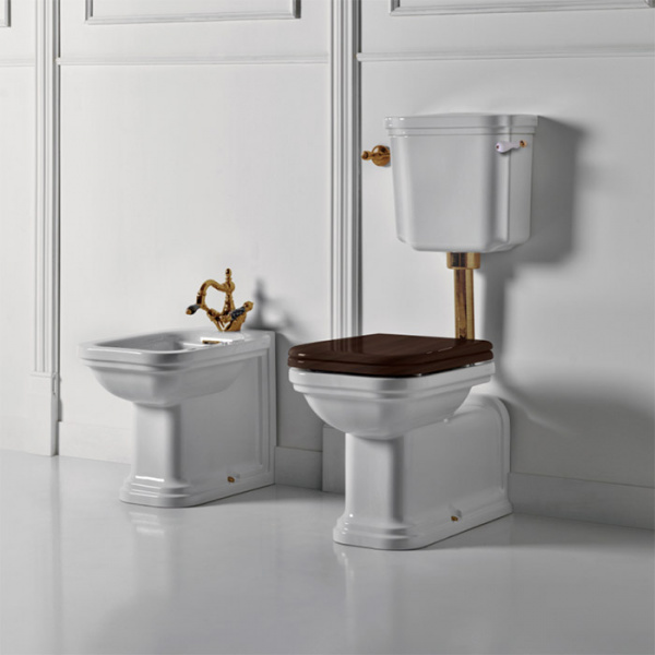 Kerasan Waldorf Унитаз напольный удлиненный 65х37см c низким бачком, трубой, ручкой смыва справа, фурнитура бронза, СИДЕНЬЕ НА ВЫБОР