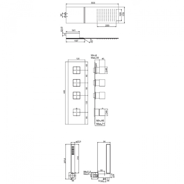 Carlo Frattini Wellness Душевой комплект с верх душ наст монт 2 реж: дождь, каскад душ ком, смес встр терм, с 3 зап вент, внутр часть, цвет: хром