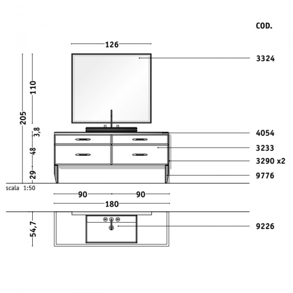 VITAGE milldue edition HILTON Комплект мебели с тумбой под раковину, раковиной ZURIGO81, зеркалом ZURIGO, 180 см, цвет: Alligator silver/сталь