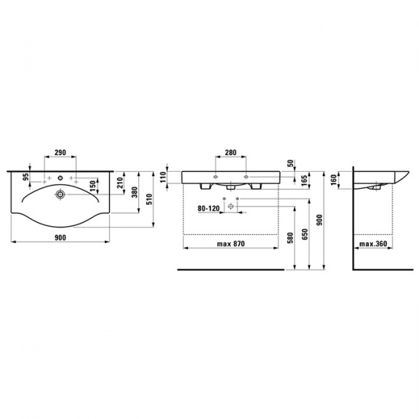 Laufen Palace Раковина консоль подвесная/накладная 90х51х11см, с 1 отв. под смеситель, цвет: белый