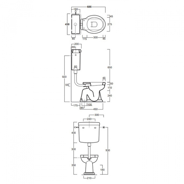 SIMAS Londra Унитаз 60х36.5см, c вертикальным сливом со средним бачком, механизмом и трубой цвет золото