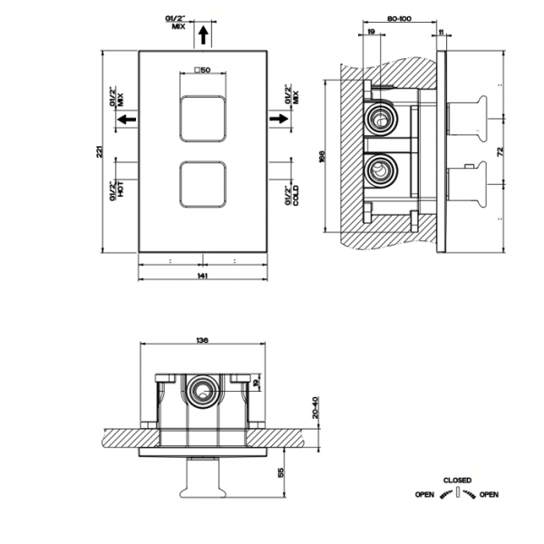 Gessi iSpa Встраиваемый термостатический смеситель, подключение на 3/4”, с переключателем на 3 выхода и фильтрами, внешняя часть, цвет: хром