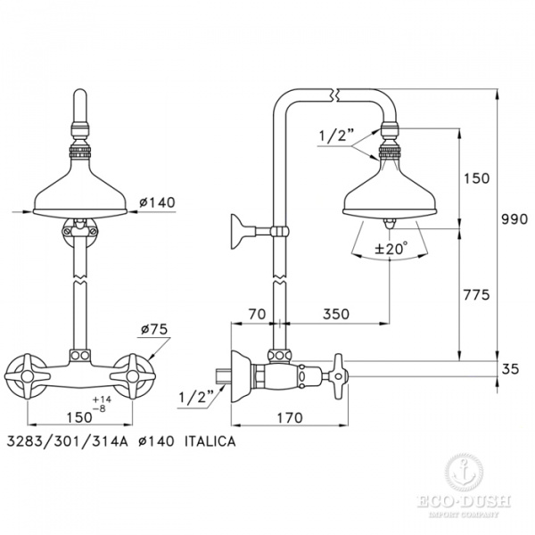 Stella Italica Душевой комплект 3283/301/314A-140: смеситель, штанга+верхний душ 140мм, цвет: хром
