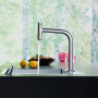 Hansgrohe Metris Select M71 Смеситель для кухни, на 2 отв, поворотный излив: 22.1см с вытяжным душем, 1jet, h:20.8см, sBox, кнопка вкл/выкл, цвет: хром