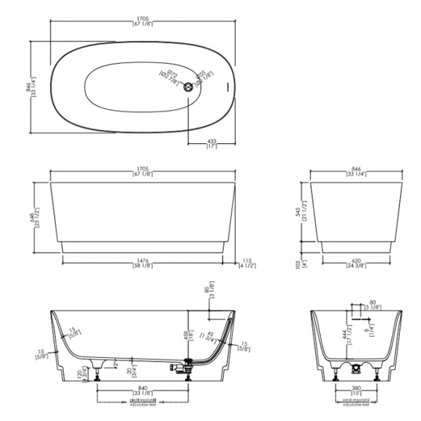 Devon&Devon Dove Ванна 170.5х64.7х84.6 см, ИЗ WHITE TEC PLUS, с донным клапаном с крышкой из WHITE TEC (цоколь белый), отдельностоящая