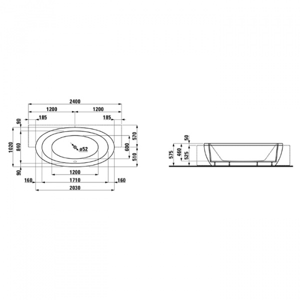 Laufen Alessi One Ванна 203x102x46см, полувстраиваемая, гидромассаж, подсветка, с каркасом, панелью, материал: акрил