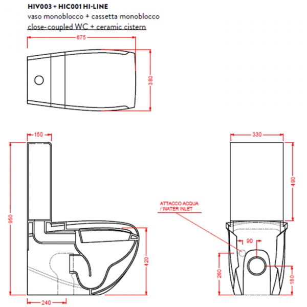 Artceram/Hidra HI-LINE Унитаз моноблок 38х68 см, с крепежами, цвет: белый/золото