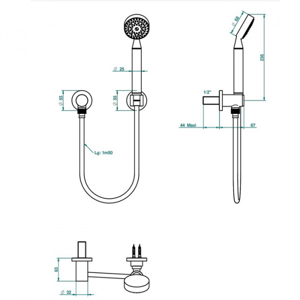 THG Paradise Душевой комплект с ручным душем, шланг 1500 мм., держатель и подвод воды, цвет: хром