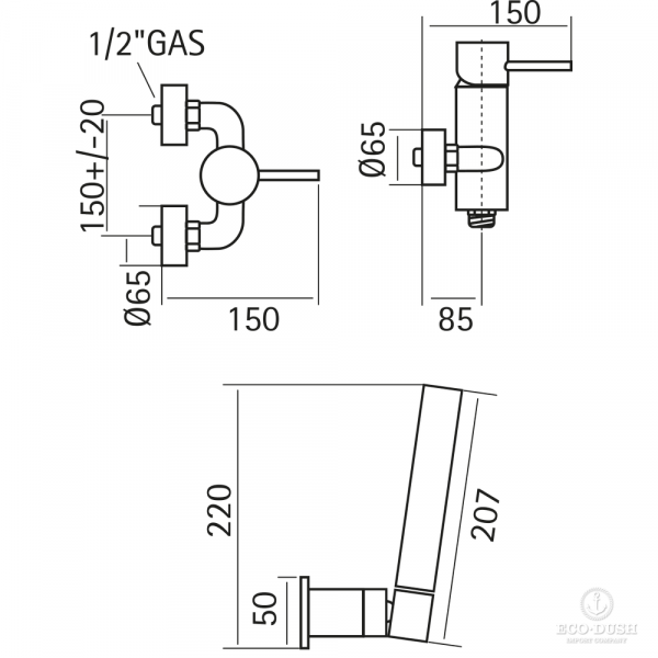 HUBER Lynox Смеситель для душа с душевым комплектом, нержавеющая сталь
