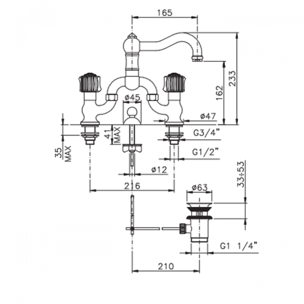 Nicolazzi Onice Смеситель для раковины на 2 отвертсвия с донным клапаном, цвет: мхром