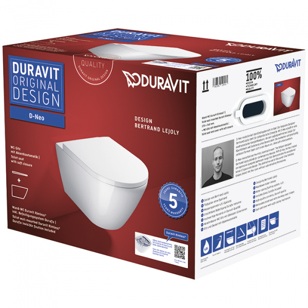 Duravit D-Neo Унитаз подвесной 37x54 см, безободковый, в комплекте с сиденьем 0021690000, цвет: белый