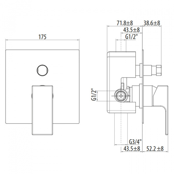 Gattoni Kubik Смеситель для душа, встраиваемый, 2 выхода (укомплектован GBOX), цвет:  Nero Opaco