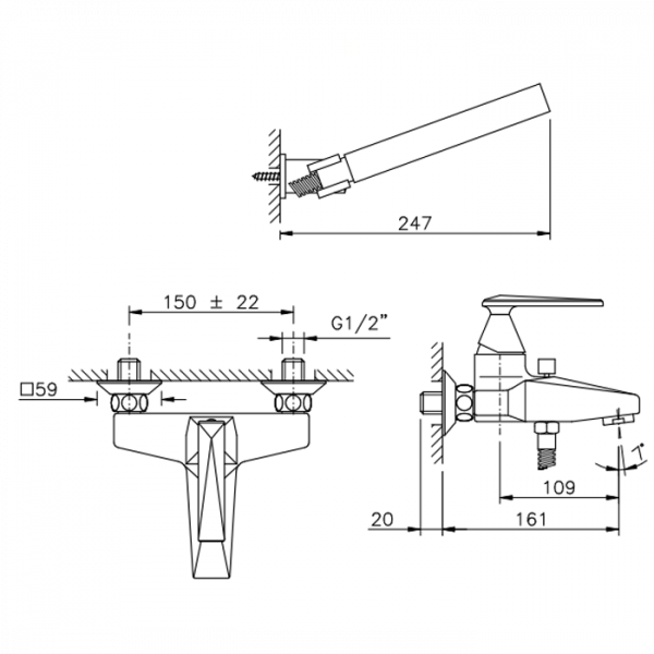 Nicolazzi Vincent Смеситель для ванны на 2 отверстия, настенный, с душевой лейкой, цвет: хром