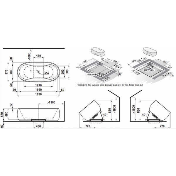 Laufen Alessi One Ванна 183x87x46см, отдельностоящая, овальная, с слив-переливом, сист. подъема, материал: композит