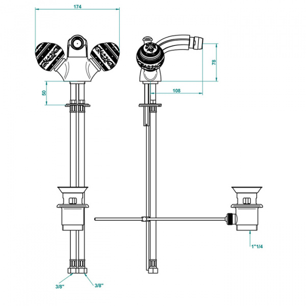 THG Marquise porcelaine noire Смеситель для биде, 1 отв., цвет: золото/черный фарфор