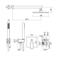 Gattoni Kubik Душевой набор со смесителем встраеваемый в стену, ручной лейкой и верхним душем 250х250 мм, цвет: bianco opaco