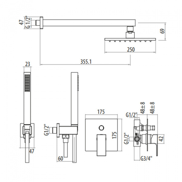 Gattoni Kubik Душевой набор со смесителем встраеваемый в стену, ручной лейкой и верхним душем 250х250 мм, цвет: bianco opaco