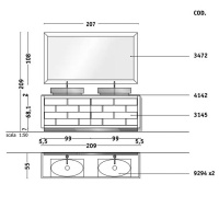 VITAGE milldue edition RITZ Комплект мебели с тумбой под 2 раковины, раковиной PARIGI, зеркалом LOSANNA, 209 см, цвет: Golden crash