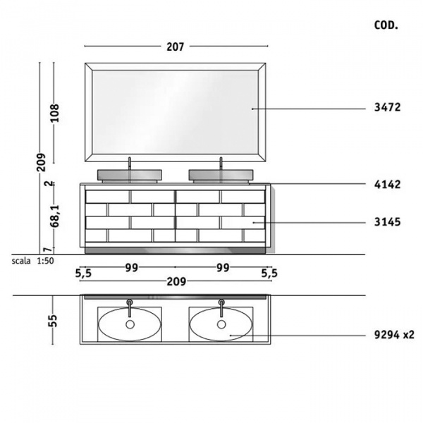 VITAGE milldue edition RITZ Комплект мебели с тумбой под 2 раковины, раковиной PARIGI, зеркалом LOSANNA, 209 см, цвет: Golden crash