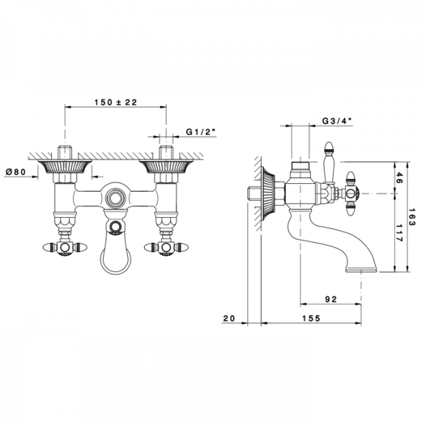 Nicolazzi Impero Смеситель для ванны настенный для душевой стойки на 2 отверстия, излив: 155 мм,  цвет: хром