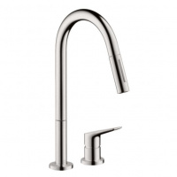 Axor Citterio M Смеситель для кухни, однорычажный, на 2 отв, с выдвижным душем, излив: 221мм, цвет: сталь