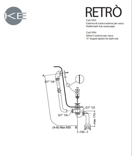 Kerasan Retro Ванна new отдельностоящая, 170х77/66см, глубина ванны 44,5см