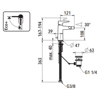 Laufen VAL Смеситель для биде, на 1 отв, с донным клапаном, излив 121 мм, цвет: хром