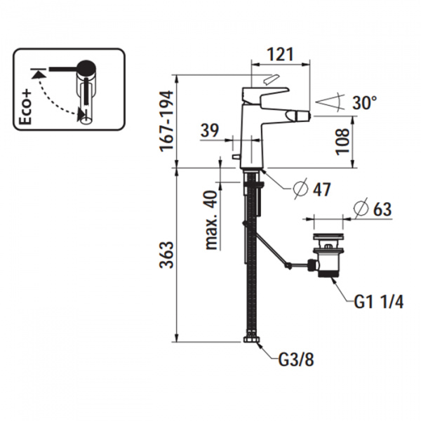 Laufen VAL Смеситель для биде, на 1 отв, с донным клапаном, излив 121 мм, цвет: хром