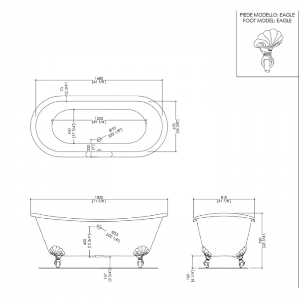 Devon&Devon Admiral Ванна  чугунная без отв под смес., 182х81хh72см