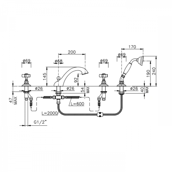 Nicolazzi Dames Anglaises Смеситель для ванны на 4 отверстия, с переключателем, изливом 200мм и ручным душем, цвет: хром