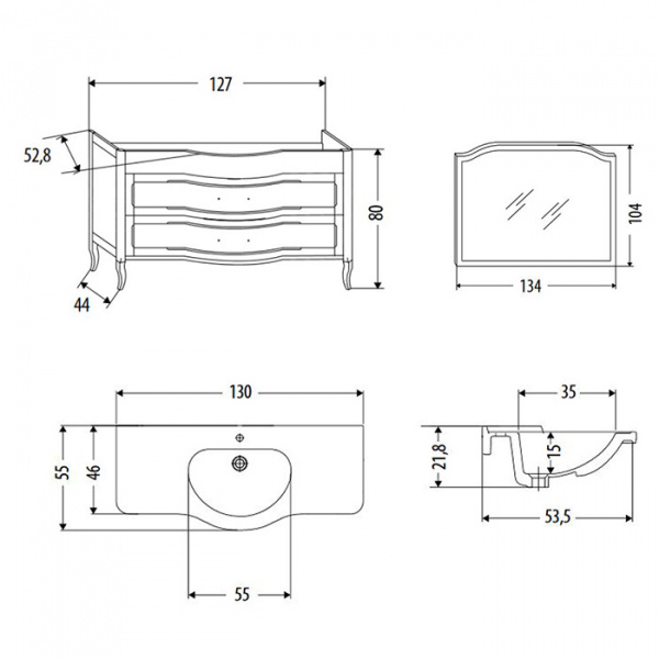 EBAN Rachele Комплект мебели с базой, раковиной, доводчиком Blum, ручки бронза Цвет: BIANCO ASSOLUTO Уценена