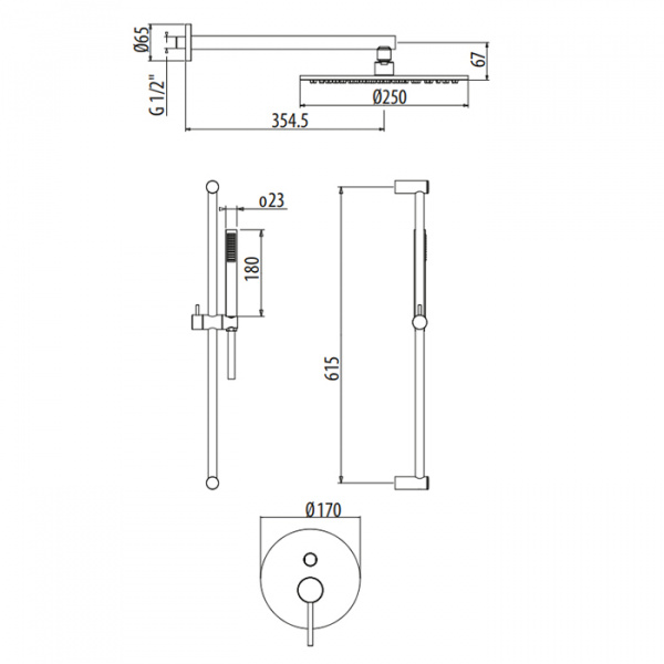 Gattoni Circle One Комплект для душа со встроенным смесителем, перекл. на 2 вых, с ручной лейкой на планке и верхним душем 250мм, цвет: хром