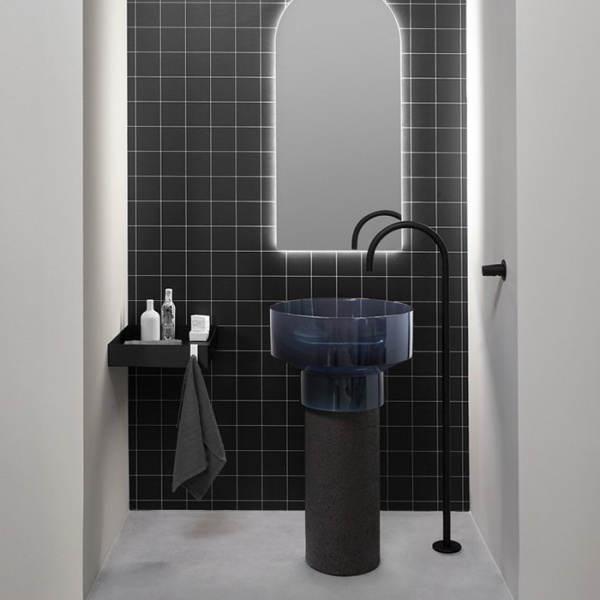 Antonio Lupi Bolgheri Раковина 50х90 см, без отв., напольная, слив в пол, с сифоном и донным клапаном, пьедестал из пробки Natural, Cristalmood, цвет: Ceruleo