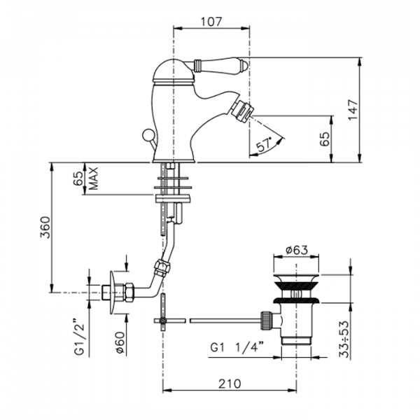Nicolazzi El Capitan Смеситель для биде, 1 отв., с донным клапаном, излив: 107 мм, цвет: хром
