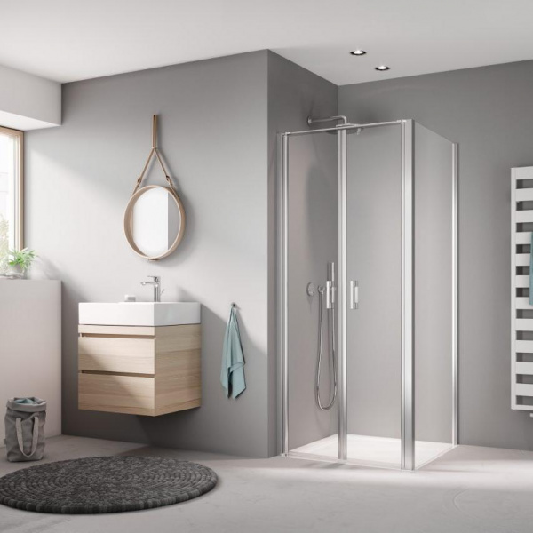 Kermi LIGA Душевой угол с маятниковыми дверями на поддон 90х90х200см., глянцевое серебро+прозрачное стекло