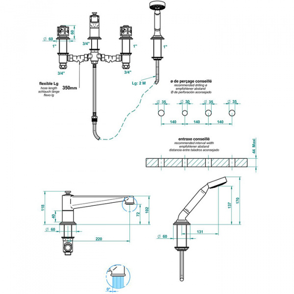 THG CAPUCINE VERT DECOR PLATINE Смеситель на борт ванны, на 4 отверстия, с ручным душем, декор платина/зеленый, цвет: хром