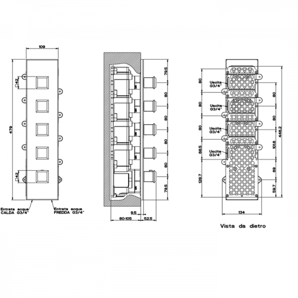 Gessi Eleganza Встраиваемый термостатический смеситель, подключение на 3/4”, с 4мя независимыми выходами, внешняя часть, цвет: хром