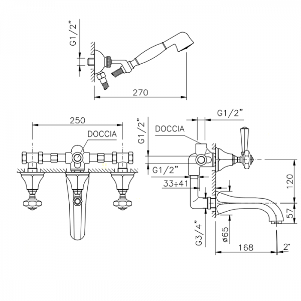 Nicolazzi Teide Смеситель для ванны с 2мя ручками, встроенный, с ручным душем, вкл. внутр часть, излив: 168 мм, цвет: хром