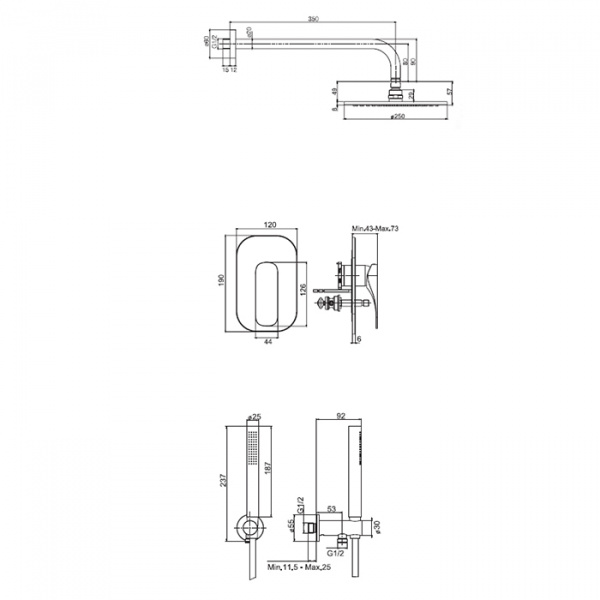Carlo Frattini Wellness Душевой комплект с верх душем Ø250мм, наст держ 350мм, душевым комплектом, смес встр на 2 источн, внутр часть, цвет: хром
