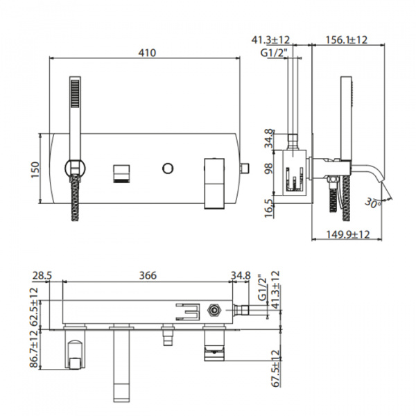 Gattoni ELY Смеситель для душа встраиваемый на основании с ручным душем, излив 149 мм, цвет: хром