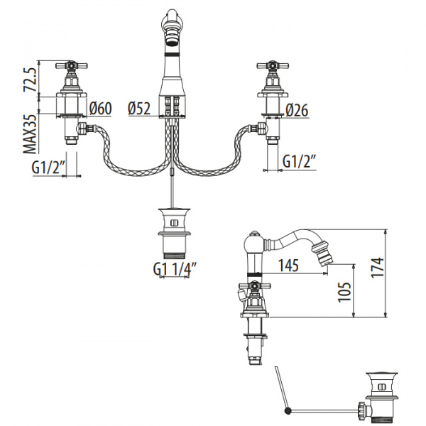 Gattoni TRD Смеситель для биде, 3 отв., ручки Paris, цвет: хром